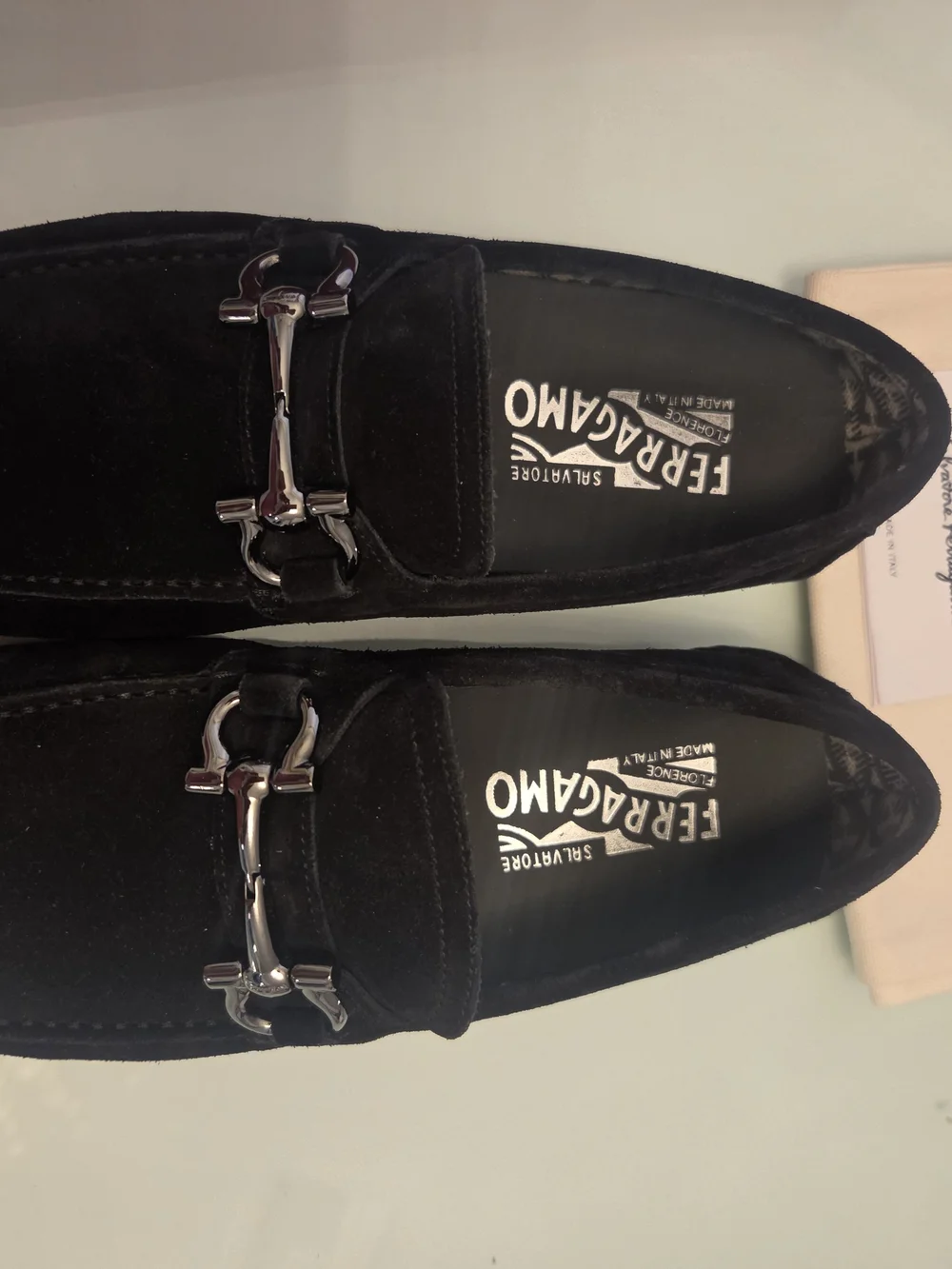 Salvador ferragamo Men's Black Suede Slip-On Loafers Silver Bit Accent